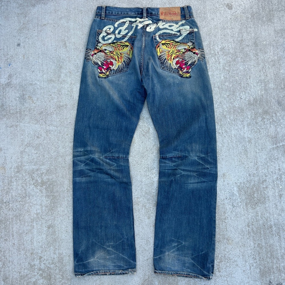 Vintage Ed Hardy Jeans 32x34 Double Tiger Embroidered Spellout Denim 90s